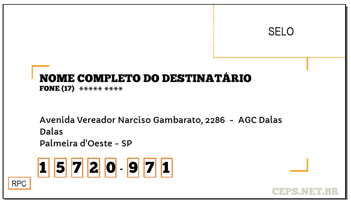 CEP PALMEIRA D'OESTE - SP, DDD 17, CEP 15720971, AVENIDA VEREADOR NARCISO GAMBARATO, 2286 , BAIRRO DALAS.