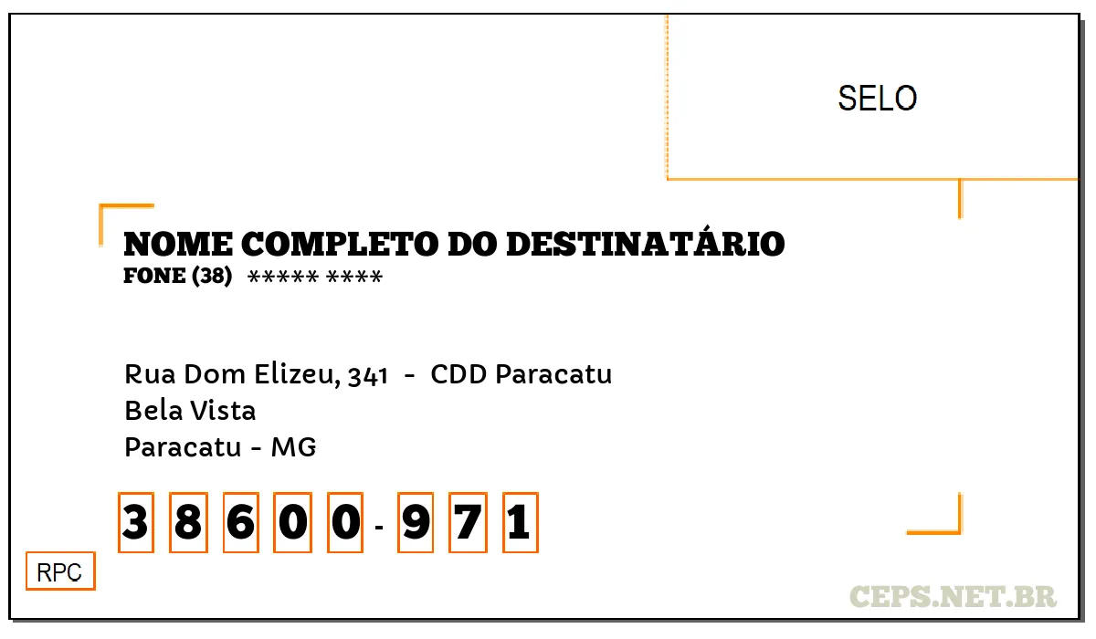 CEP PARACATU - MG, DDD 38, CEP 38600971, RUA DOM ELIZEU, 341 , BAIRRO BELA VISTA.