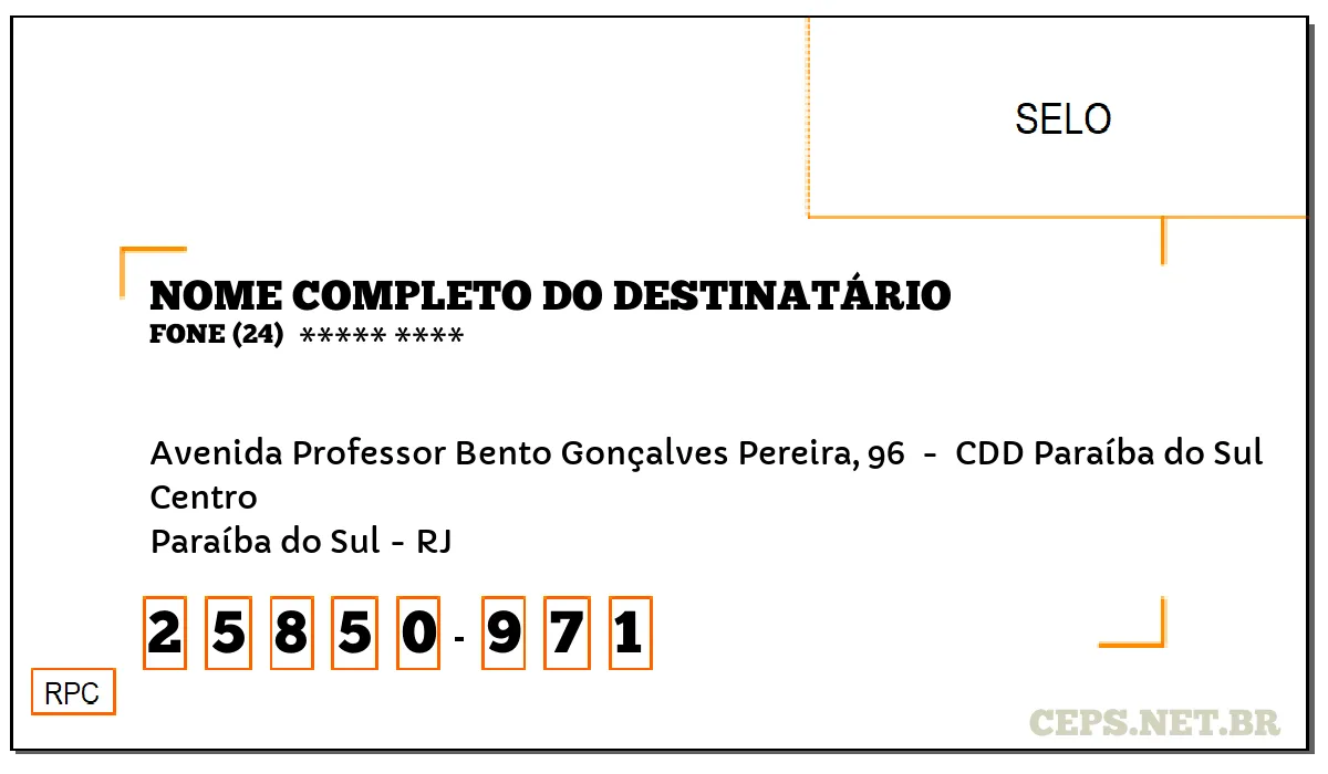 CEP PARAÍBA DO SUL - RJ, DDD 24, CEP 25850971, AVENIDA PROFESSOR BENTO GONÇALVES PEREIRA, 96 , BAIRRO CENTRO.