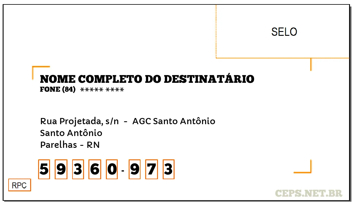 CEP PARELHAS - RN, DDD 84, CEP 59360973, RUA PROJETADA, S/N , BAIRRO SANTO ANTÔNIO.