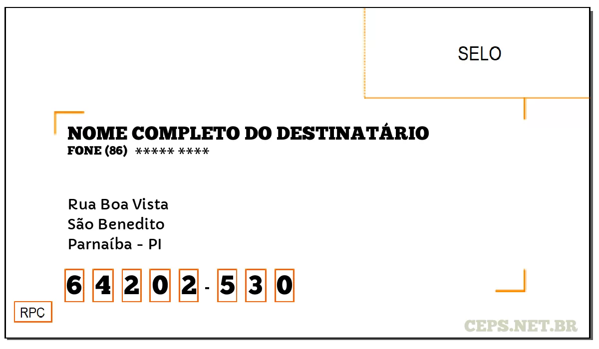 CEP PARNAÍBA - PI, DDD 86, CEP 64202530, RUA BOA VISTA, BAIRRO SÃO BENEDITO.