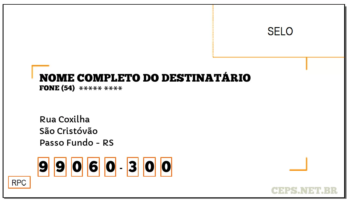 CEP PASSO FUNDO - RS, DDD 54, CEP 99060300, RUA COXILHA, BAIRRO SÃO CRISTÓVÃO.