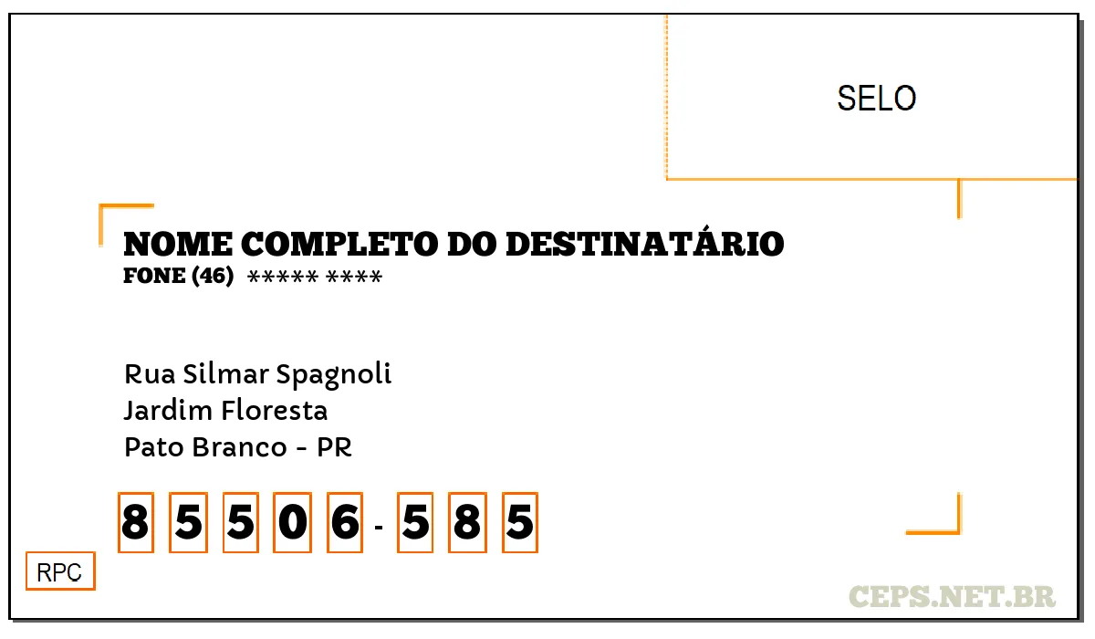 CEP PATO BRANCO - PR, DDD 46, CEP 85506585, RUA SILMAR SPAGNOLI, BAIRRO JARDIM FLORESTA.