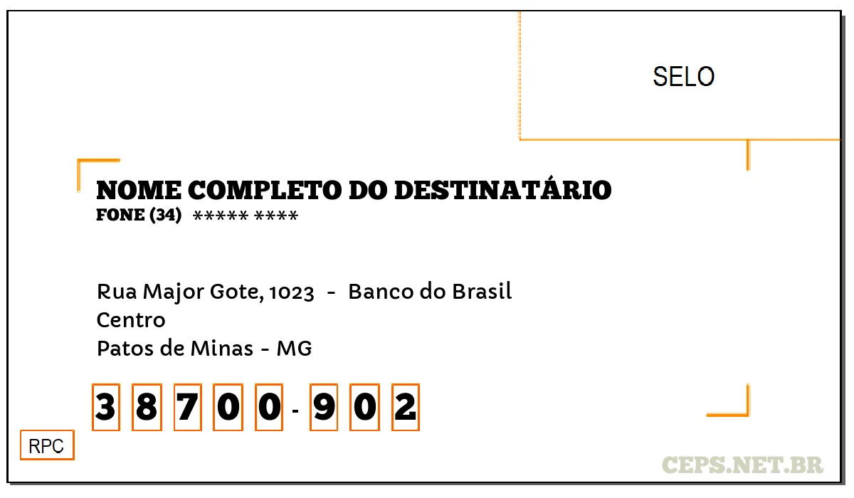 CEP PATOS DE MINAS - MG, DDD 34, CEP 38700902, RUA MAJOR GOTE, 1023 , BAIRRO CENTRO.