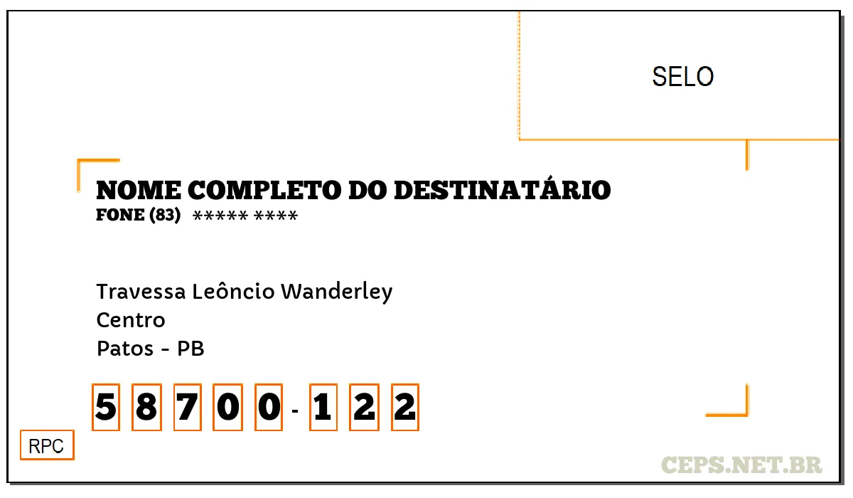 CEP PATOS - PB, DDD 83, CEP 58700122, TRAVESSA LEÔNCIO WANDERLEY, BAIRRO CENTRO.