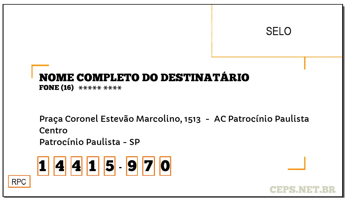 CEP PATROCÍNIO PAULISTA - SP, DDD 16, CEP 14415970, PRAÇA CORONEL ESTEVÃO MARCOLINO, 1513 , BAIRRO CENTRO.