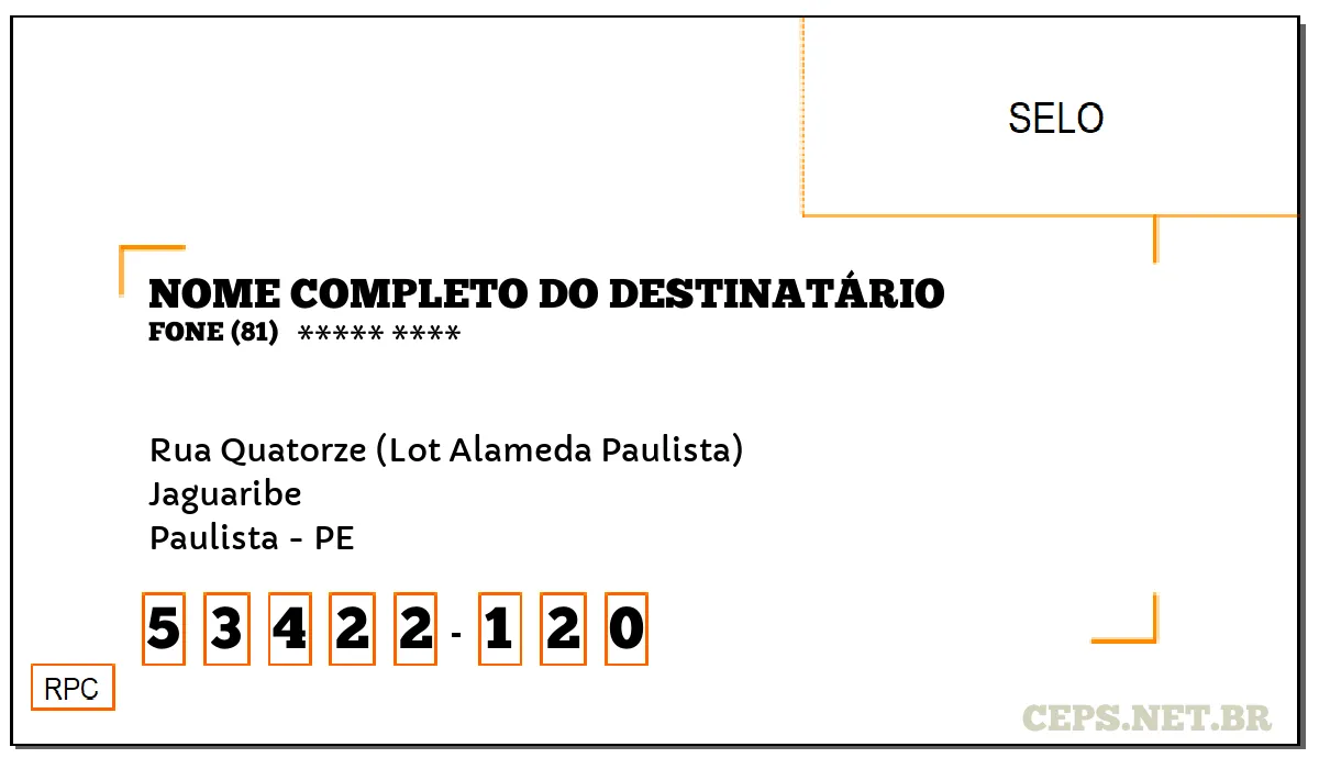 CEP PAULISTA - PE, DDD 81, CEP 53422120, RUA QUATORZE (LOT ALAMEDA PAULISTA), BAIRRO JAGUARIBE.