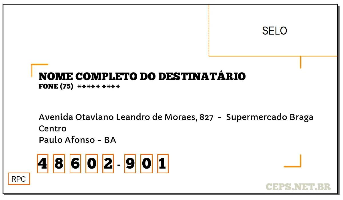 CEP PAULO AFONSO - BA, DDD 75, CEP 48602901, AVENIDA OTAVIANO LEANDRO DE MORAES, 827 , BAIRRO CENTRO.