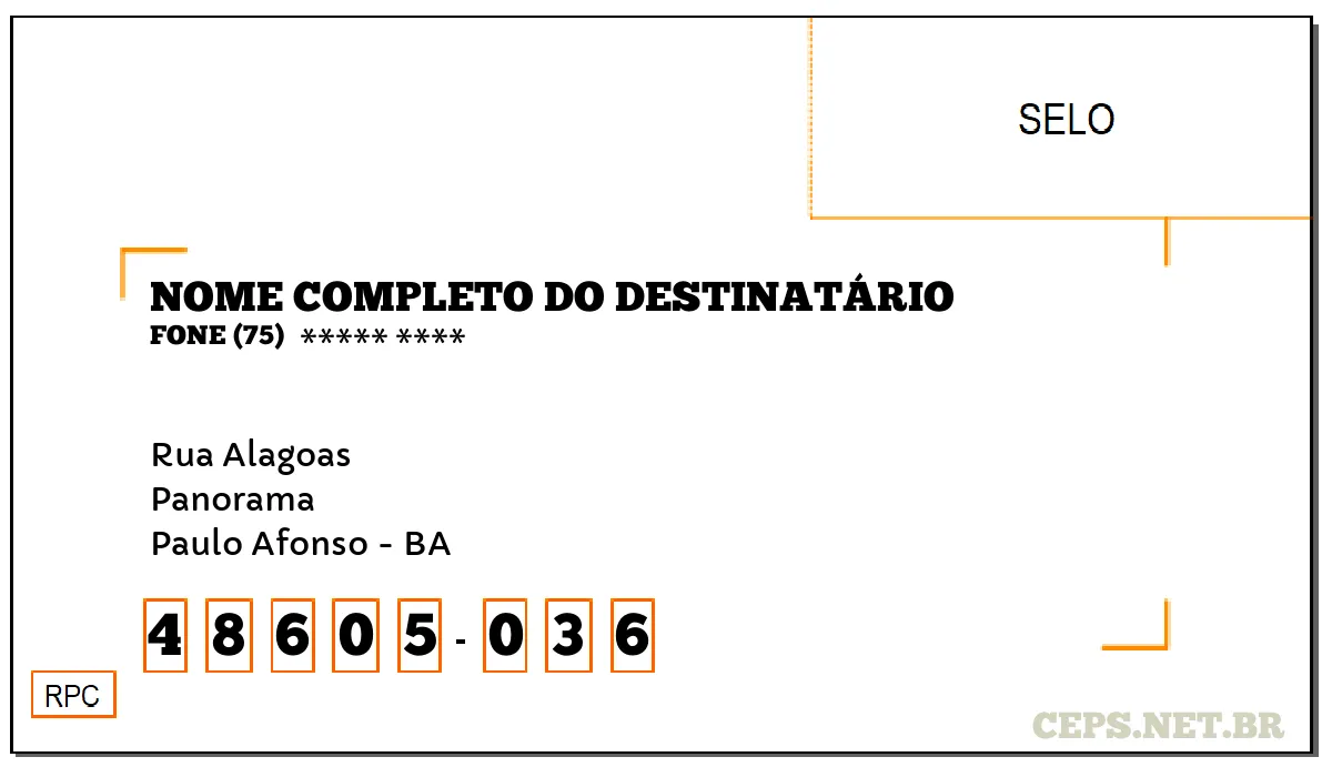 CEP PAULO AFONSO - BA, DDD 75, CEP 48605036, RUA ALAGOAS, BAIRRO PANORAMA.