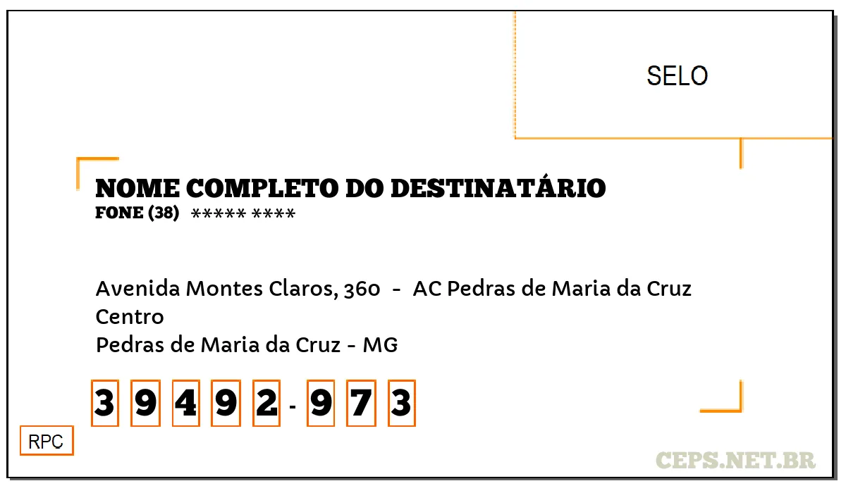 CEP PEDRAS DE MARIA DA CRUZ - MG, DDD 38, CEP 39492973, AVENIDA MONTES CLAROS, 360 , BAIRRO CENTRO.