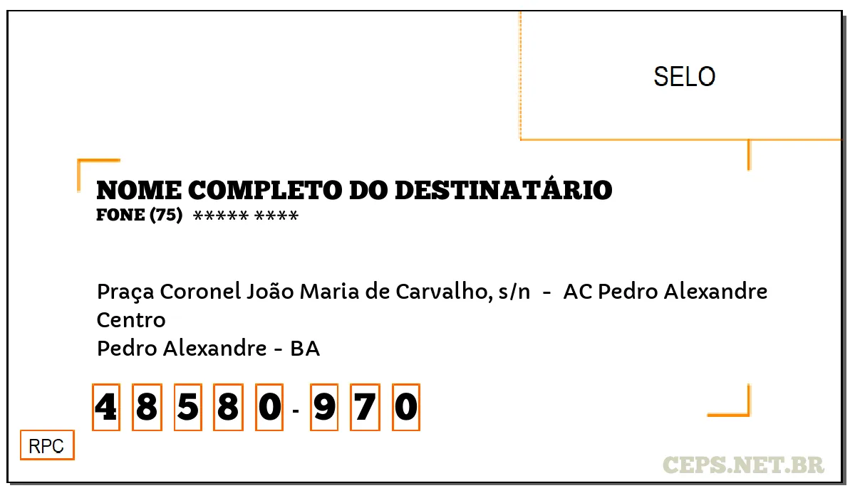 CEP PEDRO ALEXANDRE - BA, DDD 75, CEP 48580970, PRAÇA CORONEL JOÃO MARIA DE CARVALHO, S/N , BAIRRO CENTRO.