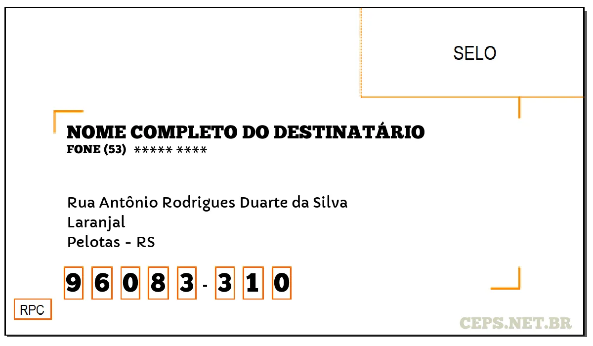 CEP PELOTAS - RS, DDD 53, CEP 96083310, RUA ANTÔNIO RODRIGUES DUARTE DA SILVA, BAIRRO LARANJAL.