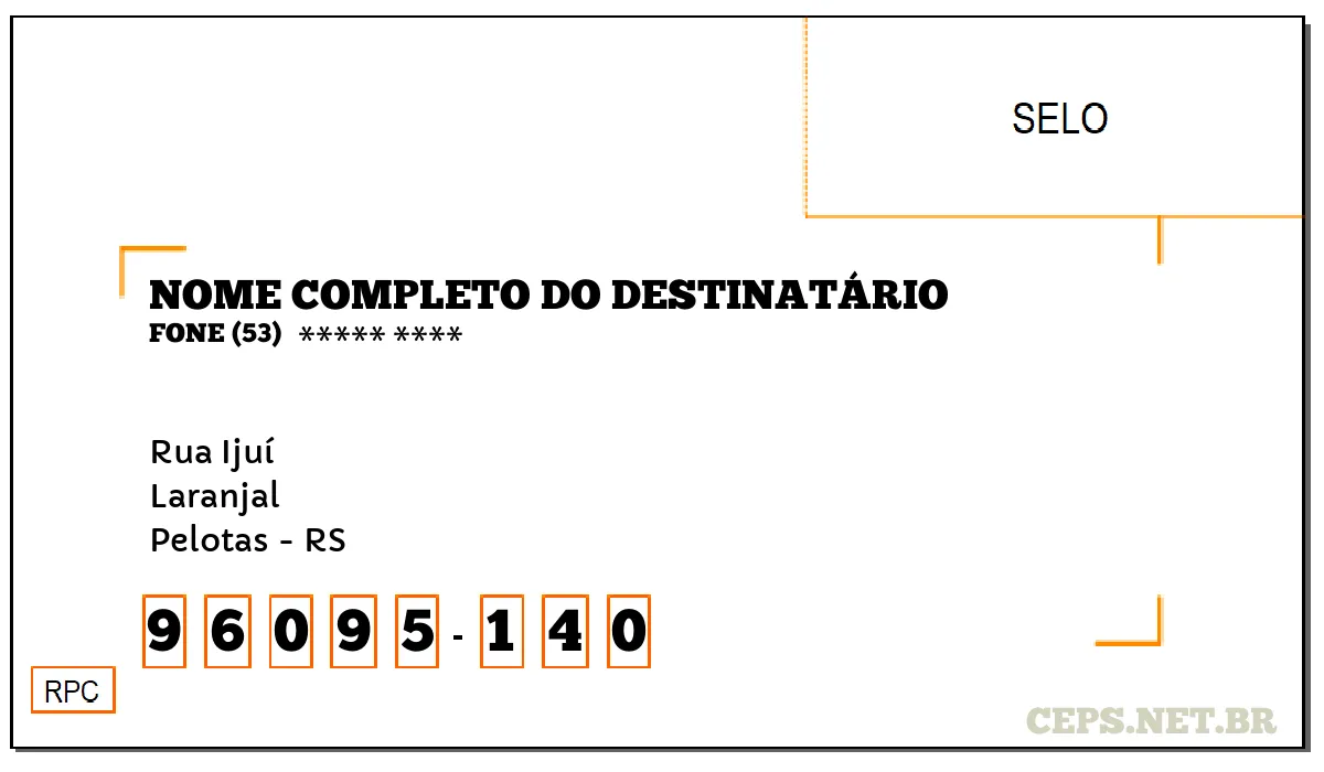 CEP PELOTAS - RS, DDD 53, CEP 96095140, RUA IJUÍ, BAIRRO LARANJAL.