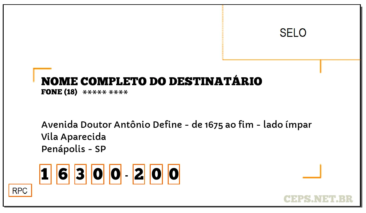 CEP PENÁPOLIS - SP, DDD 18, CEP 16300200, AVENIDA DOUTOR ANTÔNIO DEFINE - DE 1675 AO FIM - LADO ÍMPAR, BAIRRO VILA APARECIDA.