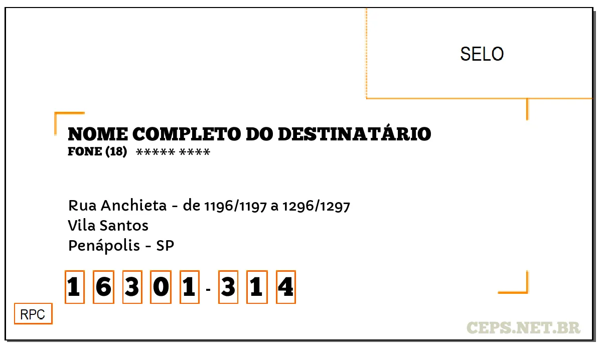 CEP PENÁPOLIS - SP, DDD 18, CEP 16301314, RUA ANCHIETA - DE 1196/1197 A 1296/1297, BAIRRO VILA SANTOS.