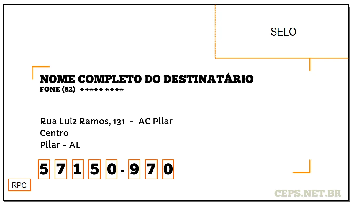 CEP PILAR - AL, DDD 82, CEP 57150970, RUA LUIZ RAMOS, 131 , BAIRRO CENTRO.