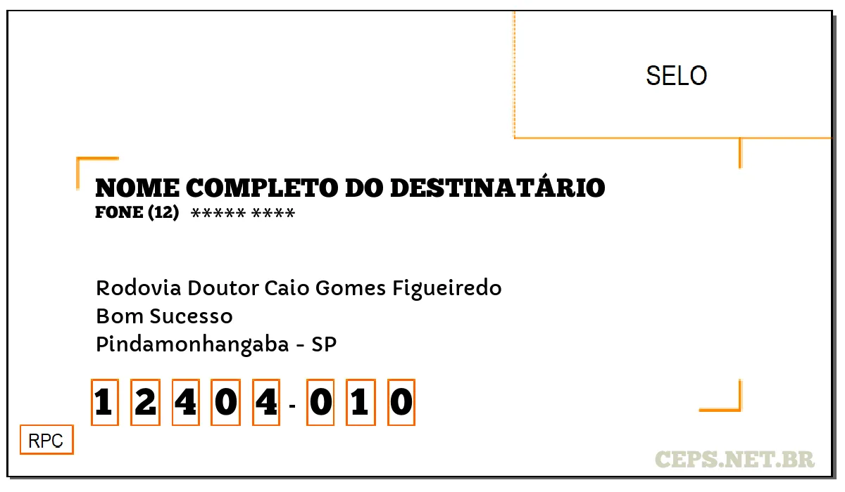 CEP PINDAMONHANGABA - SP, DDD 12, CEP 12404010, RODOVIA DOUTOR CAIO GOMES FIGUEIREDO, BAIRRO BOM SUCESSO.