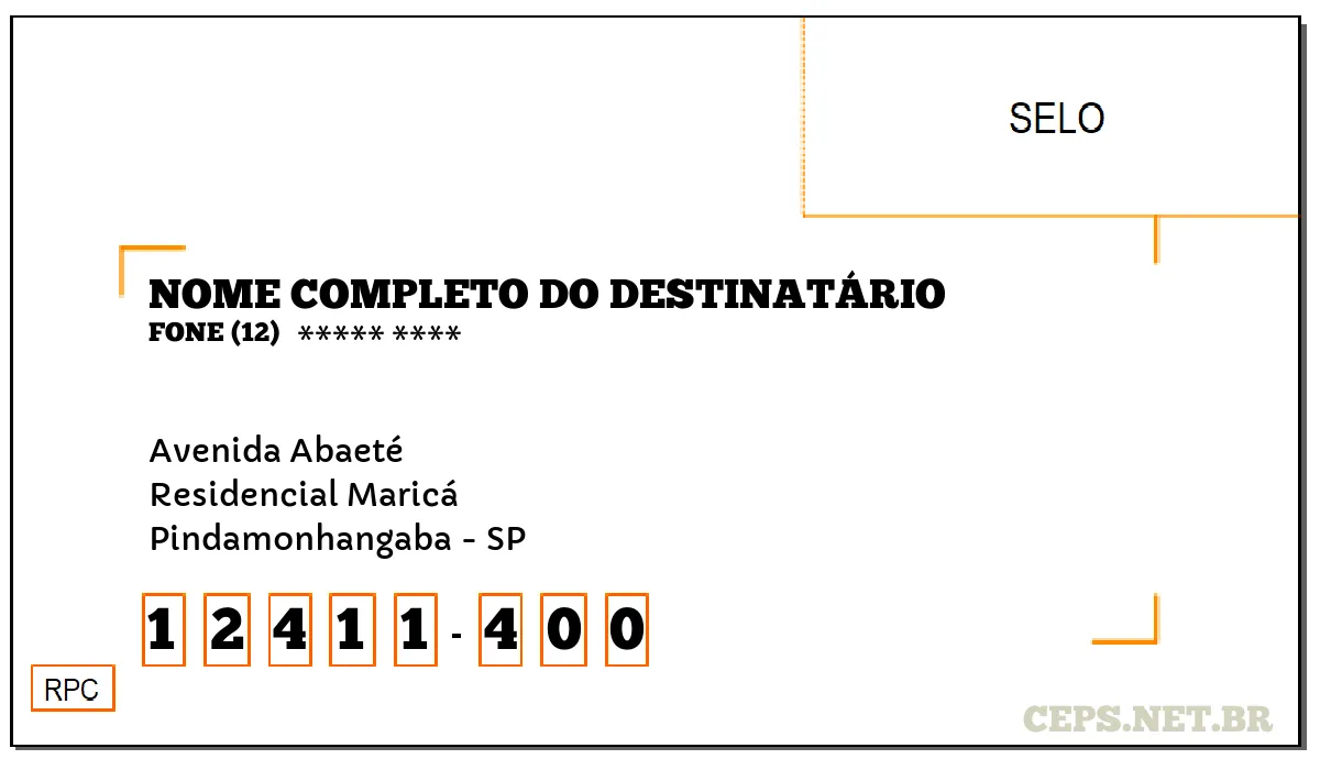 CEP PINDAMONHANGABA - SP, DDD 12, CEP 12411400, AVENIDA ABAETÉ, BAIRRO RESIDENCIAL MARICÁ.