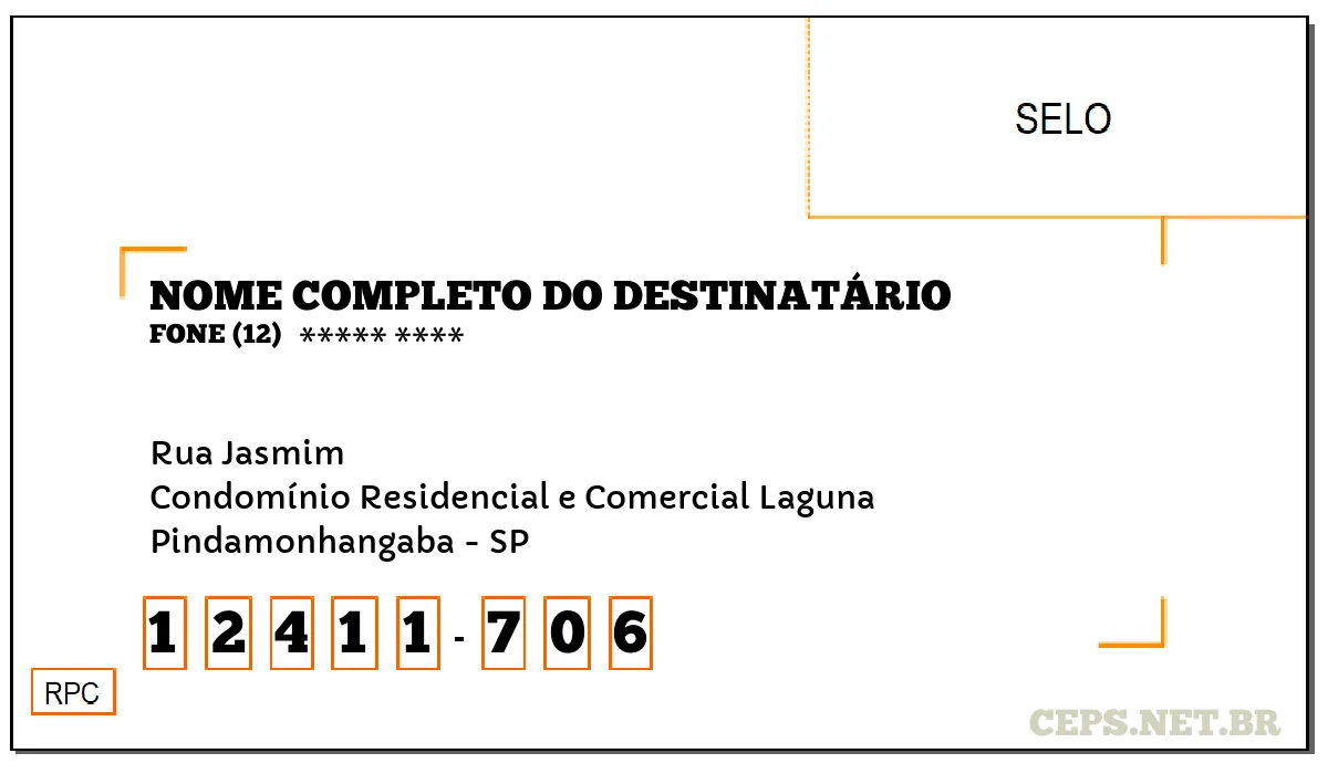 CEP PINDAMONHANGABA - SP, DDD 12, CEP 12411706, RUA JASMIM, BAIRRO CONDOMÍNIO RESIDENCIAL E COMERCIAL LAGUNA.