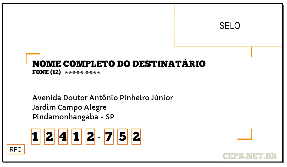 CEP PINDAMONHANGABA - SP, DDD 12, CEP 12412752, AVENIDA DOUTOR ANTÔNIO PINHEIRO JÚNIOR, BAIRRO JARDIM CAMPO ALEGRE.