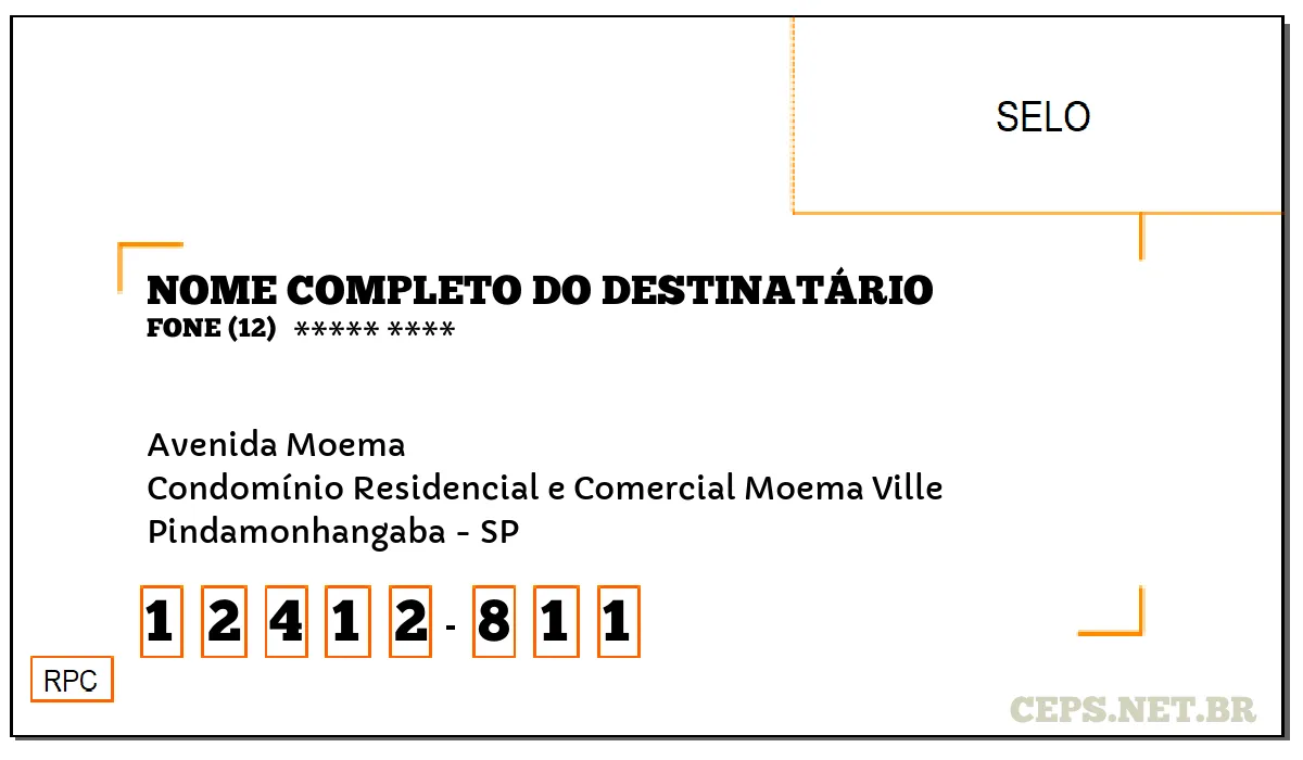 CEP PINDAMONHANGABA - SP, DDD 12, CEP 12412811, AVENIDA MOEMA, BAIRRO CONDOMÍNIO RESIDENCIAL E COMERCIAL MOEMA VILLE.