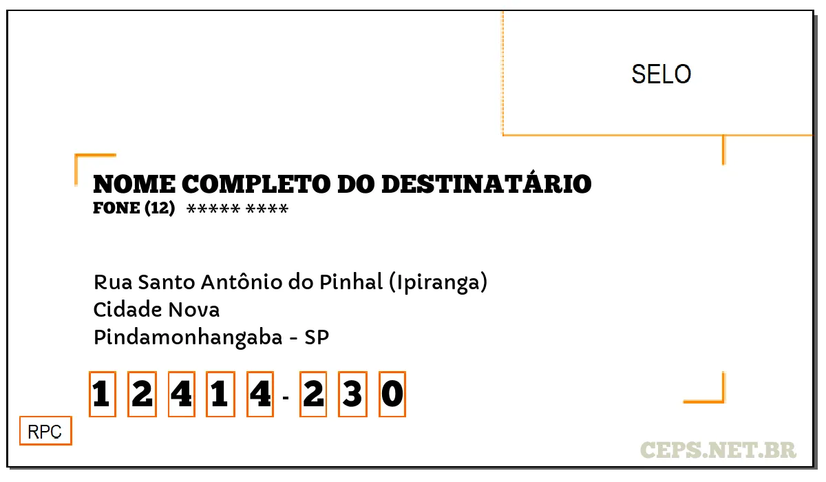 CEP PINDAMONHANGABA - SP, DDD 12, CEP 12414230, RUA SANTO ANTÔNIO DO PINHAL (IPIRANGA), BAIRRO CIDADE NOVA.