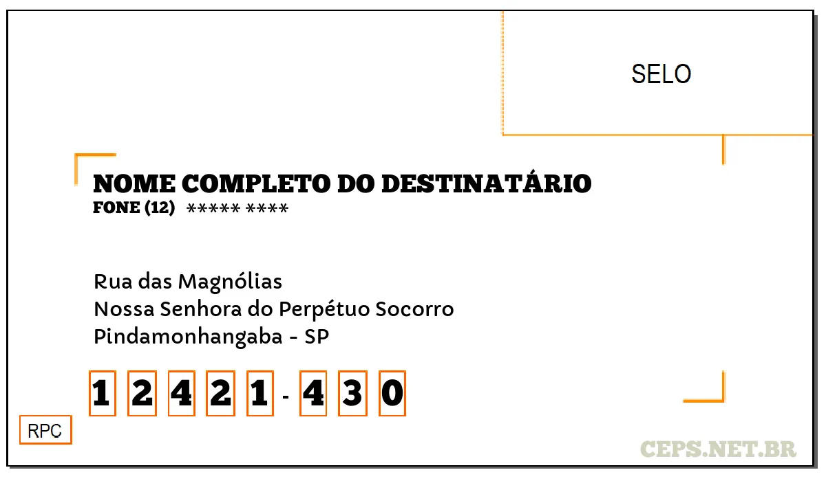 CEP PINDAMONHANGABA - SP, DDD 12, CEP 12421430, RUA DAS MAGNÓLIAS, BAIRRO NOSSA SENHORA DO PERPÉTUO SOCORRO.