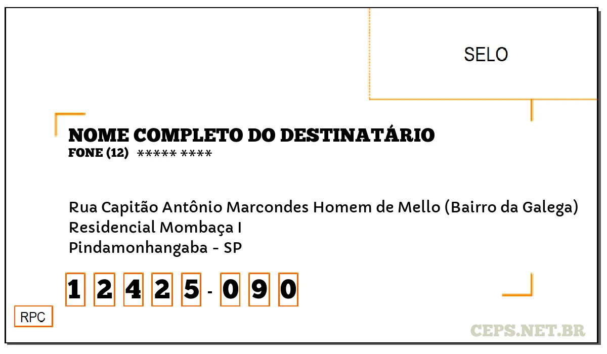 CEP PINDAMONHANGABA - SP, DDD 12, CEP 12425090, RUA CAPITÃO ANTÔNIO MARCONDES HOMEM DE MELLO (BAIRRO DA GALEGA), BAIRRO RESIDENCIAL MOMBAÇA I.