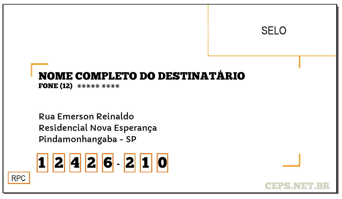 CEP PINDAMONHANGABA - SP, DDD 12, CEP 12426210, RUA EMERSON REINALDO, BAIRRO RESIDENCIAL NOVA ESPERANÇA.