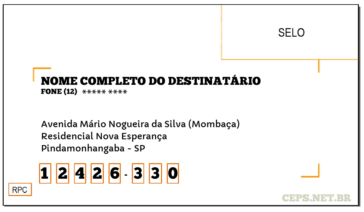 CEP PINDAMONHANGABA - SP, DDD 12, CEP 12426330, AVENIDA MÁRIO NOGUEIRA DA SILVA (MOMBAÇA), BAIRRO RESIDENCIAL NOVA ESPERANÇA.