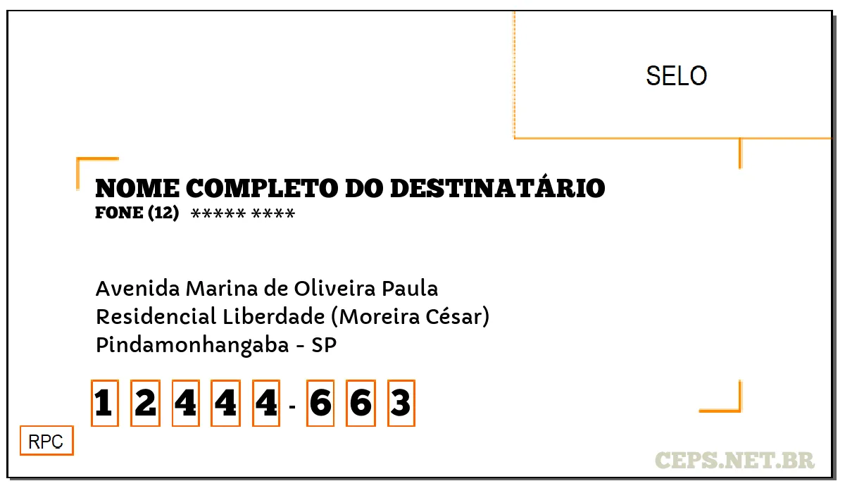 CEP PINDAMONHANGABA - SP, DDD 12, CEP 12444663, AVENIDA MARINA DE OLIVEIRA PAULA, BAIRRO RESIDENCIAL LIBERDADE (MOREIRA CÉSAR).