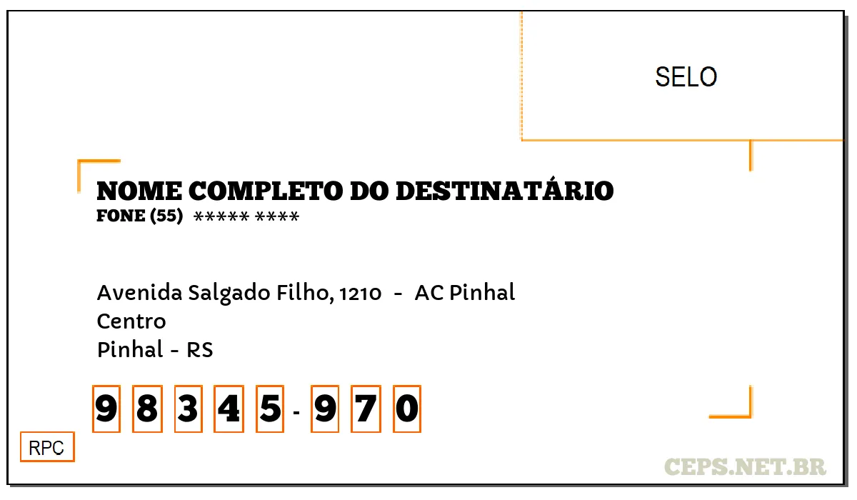 CEP PINHAL - RS, DDD 55, CEP 98345970, AVENIDA SALGADO FILHO, 1210 , BAIRRO CENTRO.