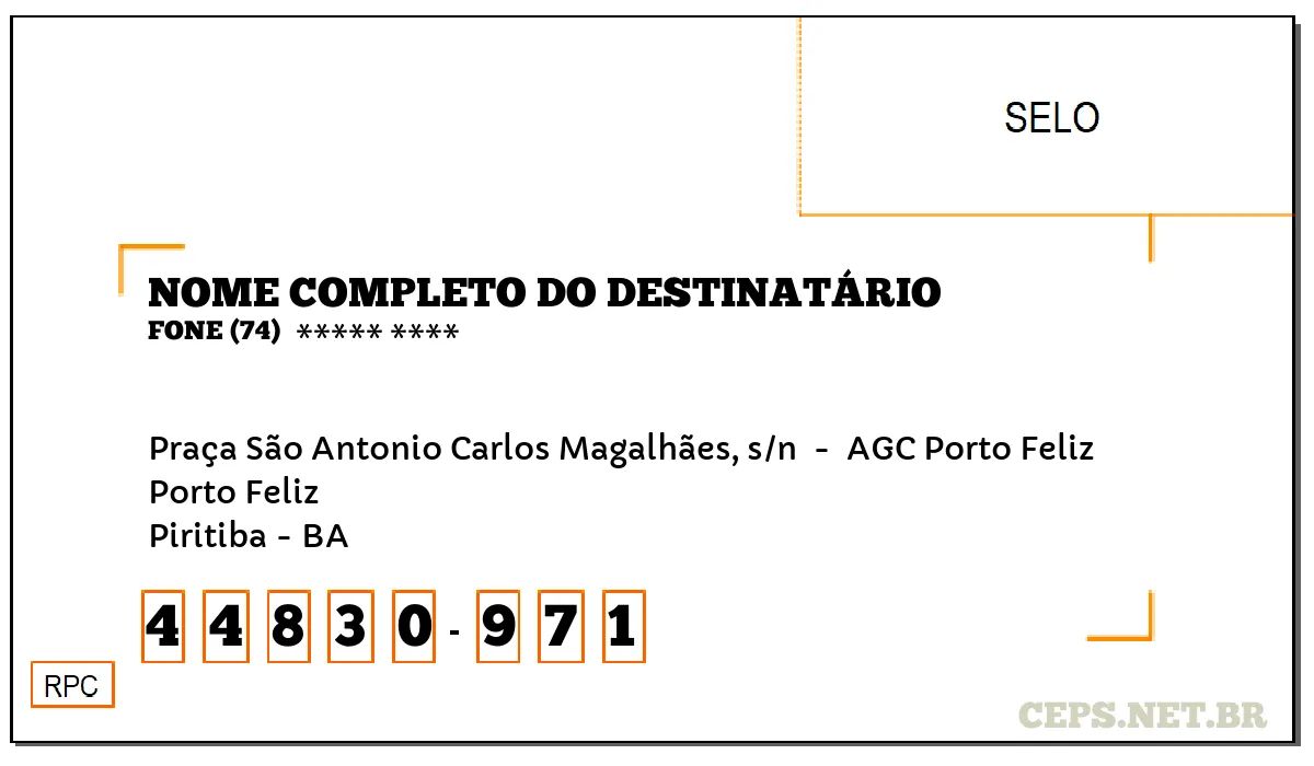 CEP PIRITIBA - BA, DDD 74, CEP 44830971, PRAÇA SÃO ANTONIO CARLOS MAGALHÃES, S/N , BAIRRO PORTO FELIZ.