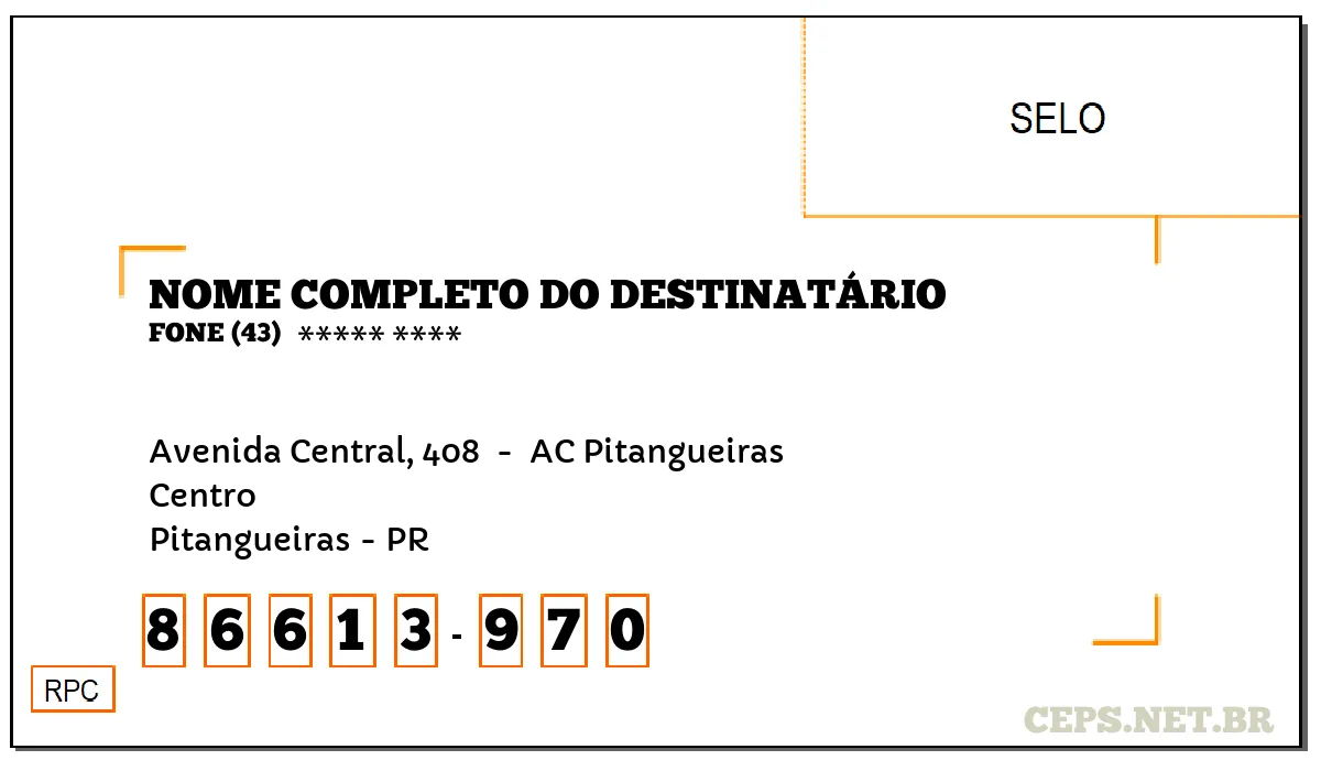 CEP PITANGUEIRAS - PR, DDD 43, CEP 86613970, AVENIDA CENTRAL, 408 , BAIRRO CENTRO.