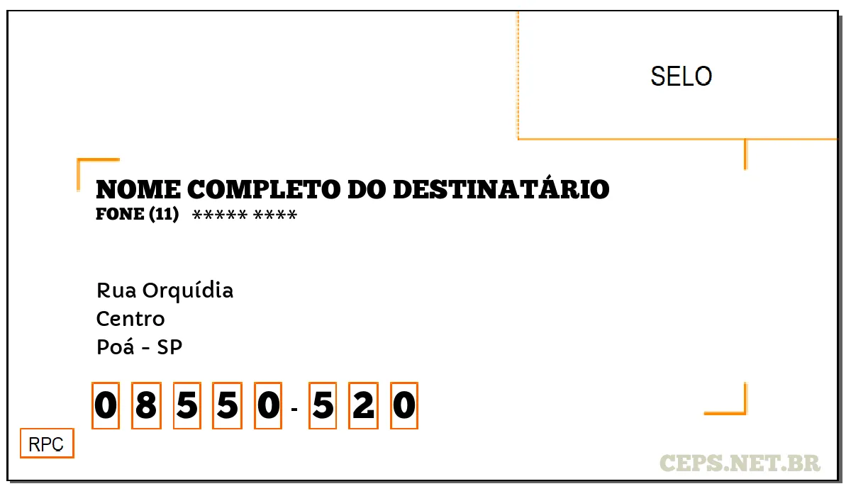 CEP POÁ - SP, DDD 11, CEP 08550520, RUA ORQUÍDIA, BAIRRO CENTRO.