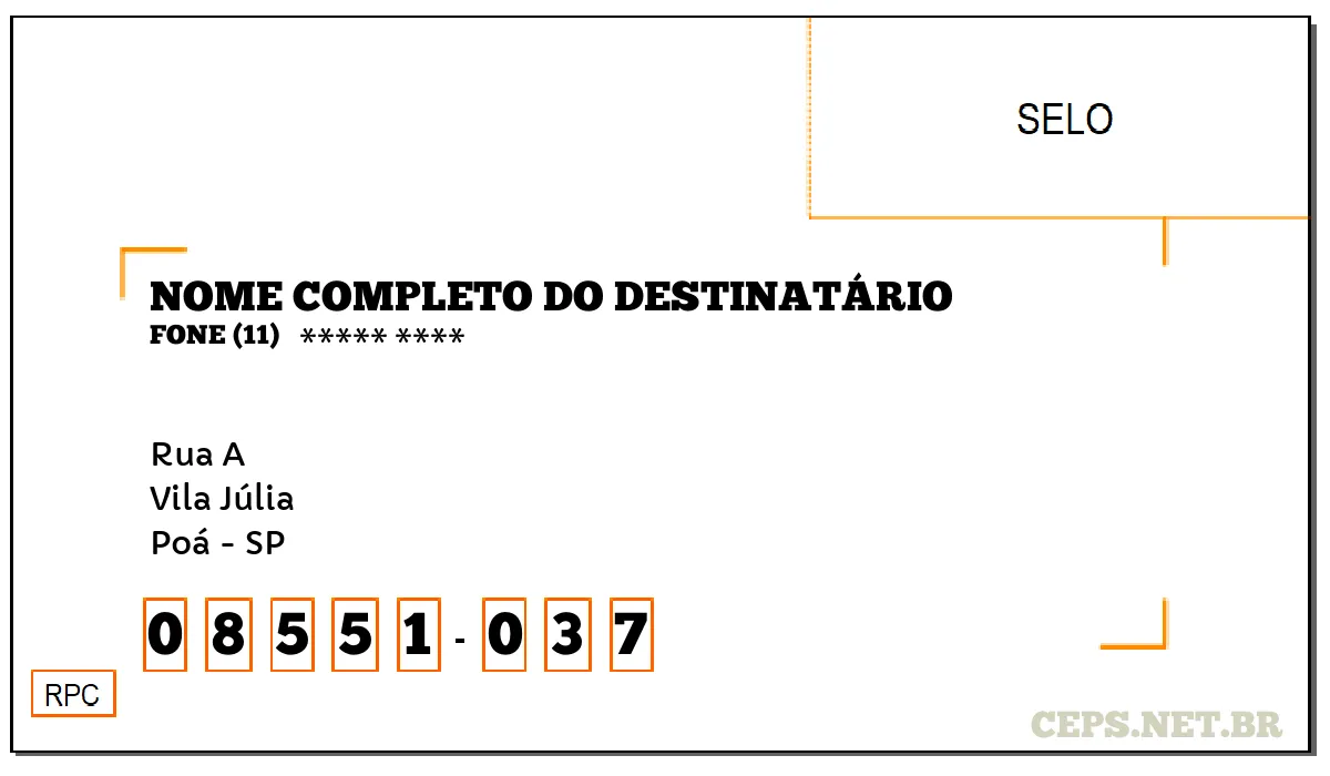 CEP POÁ - SP, DDD 11, CEP 08551037, RUA A, BAIRRO VILA JÚLIA.