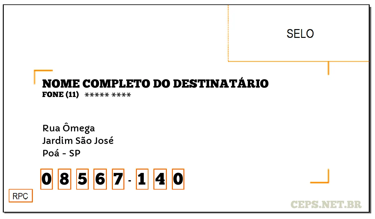 CEP POÁ - SP, DDD 11, CEP 08567140, RUA ÔMEGA, BAIRRO JARDIM SÃO JOSÉ.