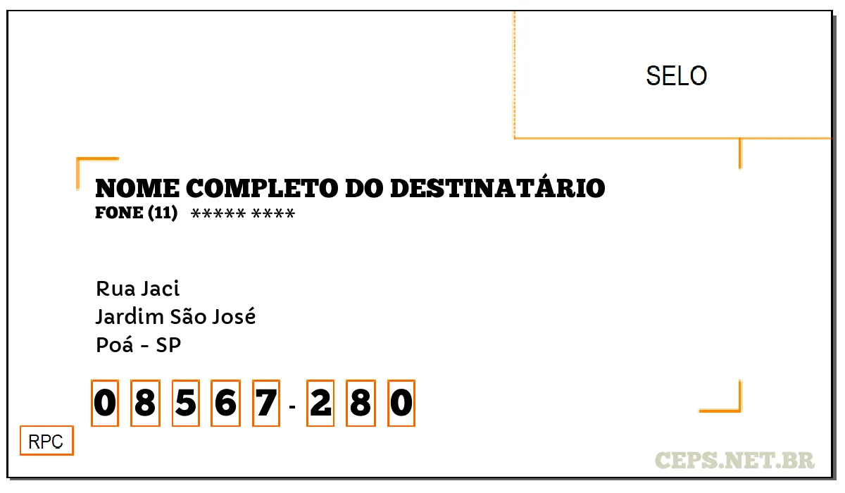 CEP POÁ - SP, DDD 11, CEP 08567280, RUA JACI, BAIRRO JARDIM SÃO JOSÉ.