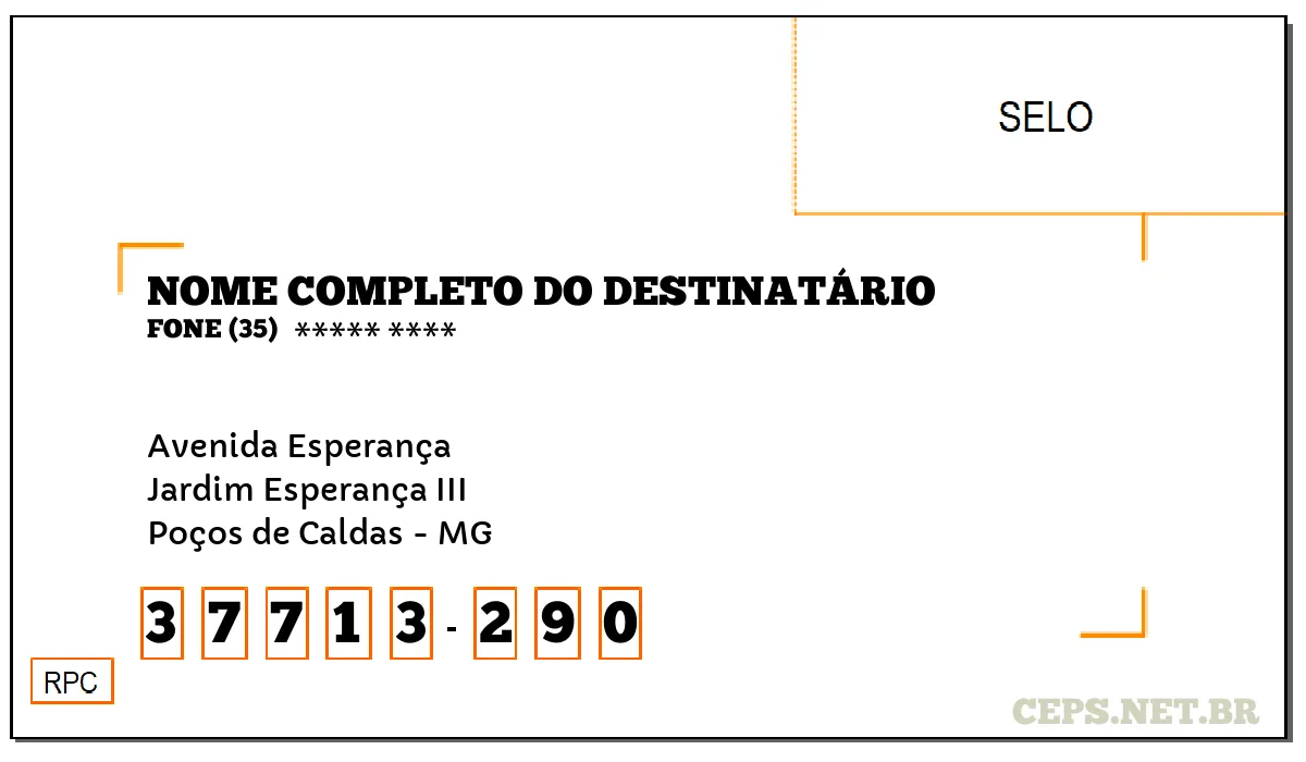 CEP POÇOS DE CALDAS - MG, DDD 35, CEP 37713290, AVENIDA ESPERANÇA, BAIRRO JARDIM ESPERANÇA III.