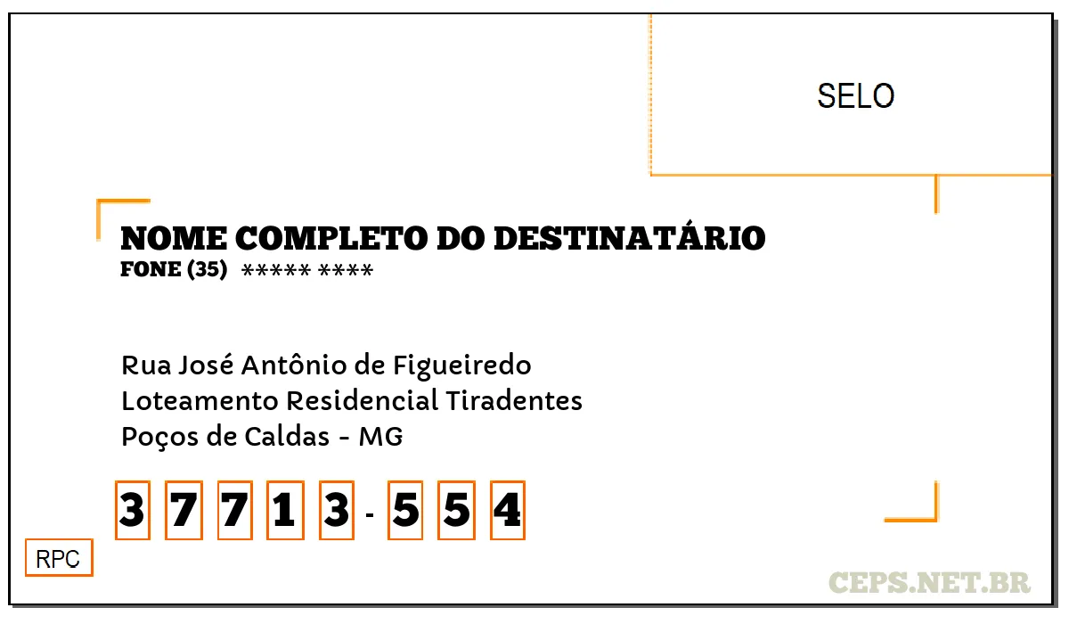 CEP POÇOS DE CALDAS - MG, DDD 35, CEP 37713554, RUA JOSÉ ANTÔNIO DE FIGUEIREDO, BAIRRO LOTEAMENTO RESIDENCIAL TIRADENTES.