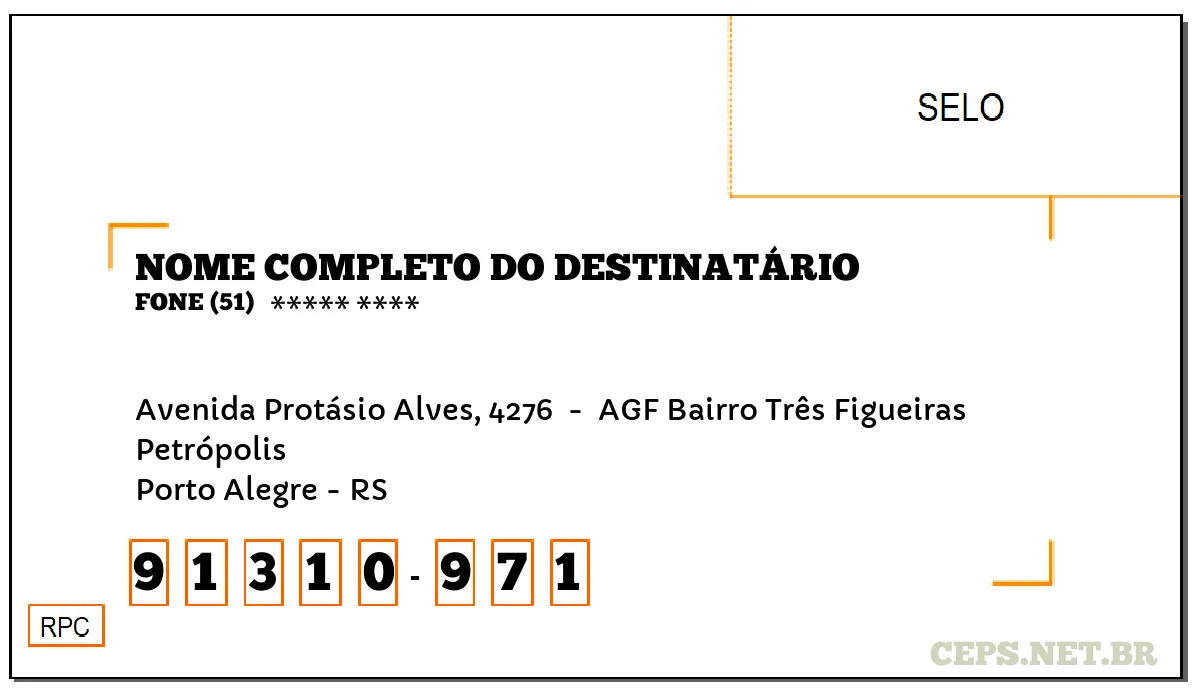 CEP PORTO ALEGRE - RS, DDD 51, CEP 91310971, AVENIDA PROTÁSIO ALVES, 4276 , BAIRRO PETRÓPOLIS.