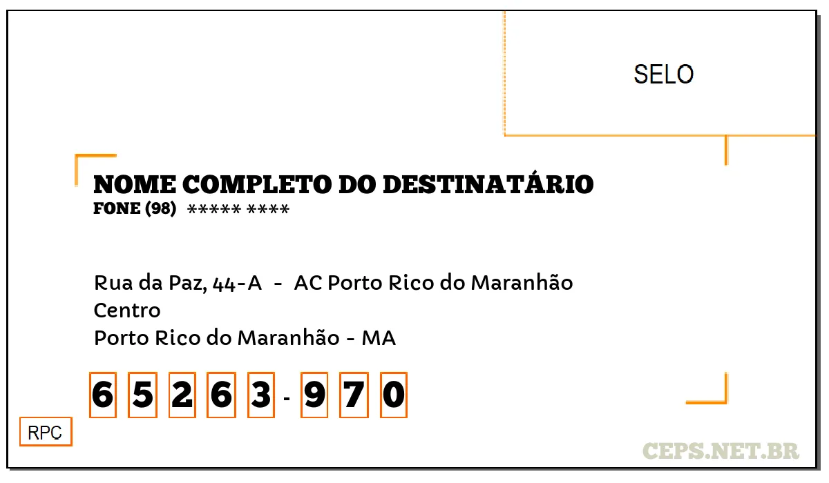 CEP PORTO RICO DO MARANHÃO - MA, DDD 98, CEP 65263970, RUA DA PAZ, 44-A , BAIRRO CENTRO.