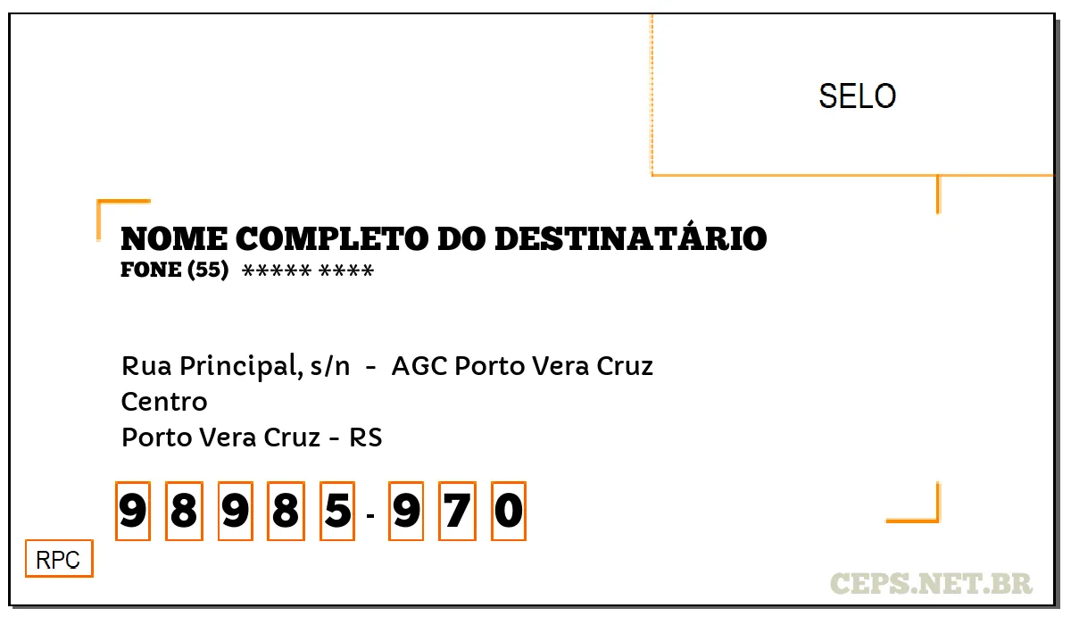 CEP PORTO VERA CRUZ - RS, DDD 55, CEP 98985970, RUA PRINCIPAL, S/N , BAIRRO CENTRO.