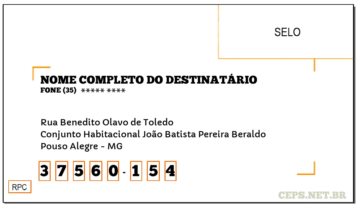 CEP POUSO ALEGRE - MG, DDD 35, CEP 37560154, RUA BENEDITO OLAVO DE TOLEDO, BAIRRO CONJUNTO HABITACIONAL JOÃO BATISTA PEREIRA BERALDO.