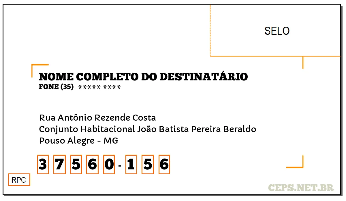 CEP POUSO ALEGRE - MG, DDD 35, CEP 37560156, RUA ANTÔNIO REZENDE COSTA, BAIRRO CONJUNTO HABITACIONAL JOÃO BATISTA PEREIRA BERALDO.