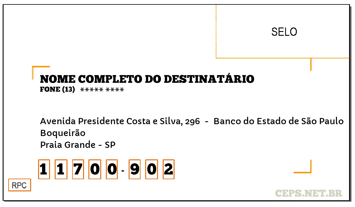 CEP PRAIA GRANDE - SP, DDD 13, CEP 11700902, AVENIDA PRESIDENTE COSTA E SILVA, 296 , BAIRRO BOQUEIRÃO.