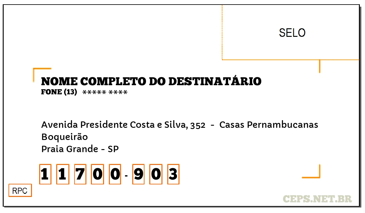 CEP PRAIA GRANDE - SP, DDD 13, CEP 11700903, AVENIDA PRESIDENTE COSTA E SILVA, 352 , BAIRRO BOQUEIRÃO.