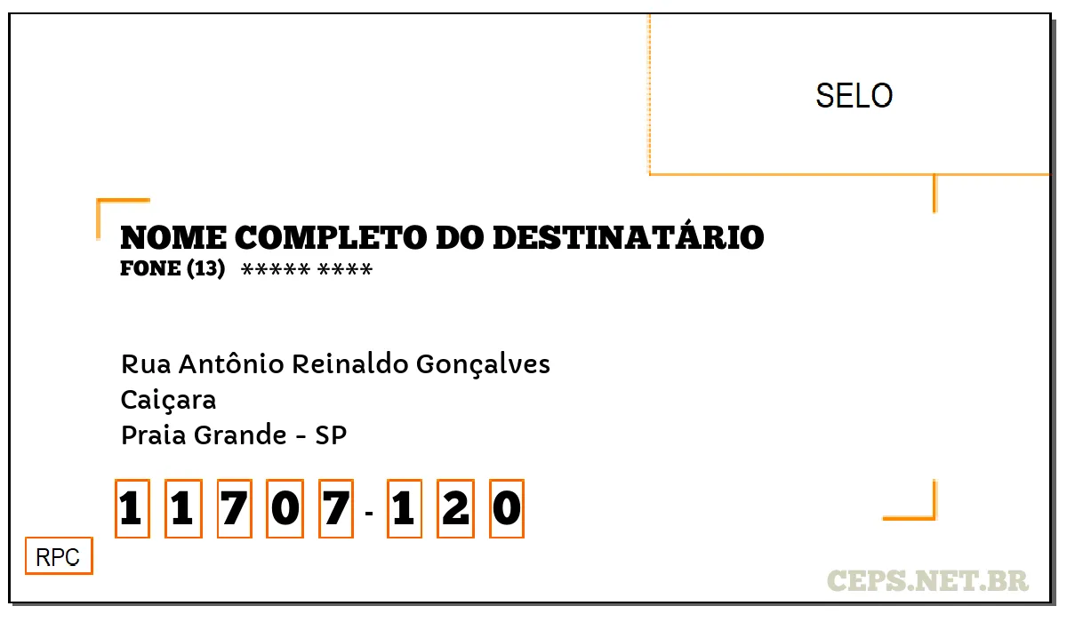 CEP PRAIA GRANDE - SP, DDD 13, CEP 11707120, RUA ANTÔNIO REINALDO GONÇALVES, BAIRRO CAIÇARA.