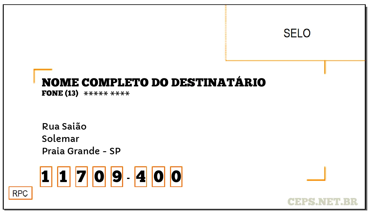 CEP PRAIA GRANDE - SP, DDD 13, CEP 11709400, RUA SAIÃO, BAIRRO SOLEMAR.