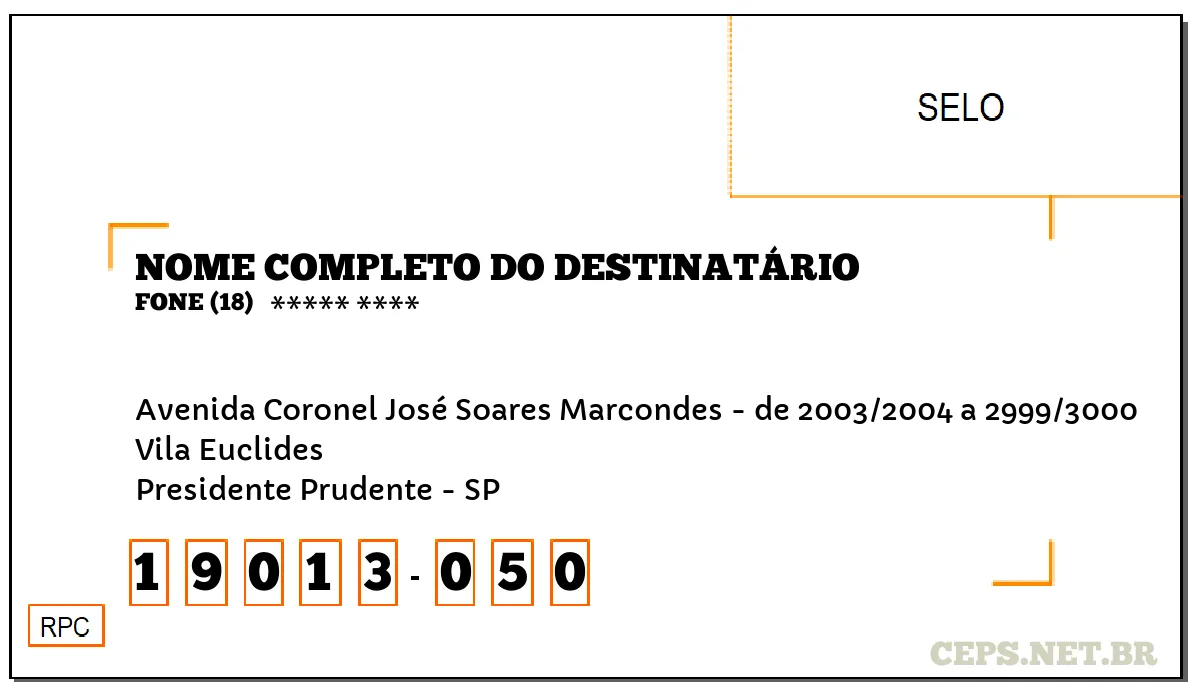 CEP PRESIDENTE PRUDENTE - SP, DDD 18, CEP 19013050, AVENIDA CORONEL JOSÉ SOARES MARCONDES - DE 2003/2004 A 2999/3000, BAIRRO VILA EUCLIDES.